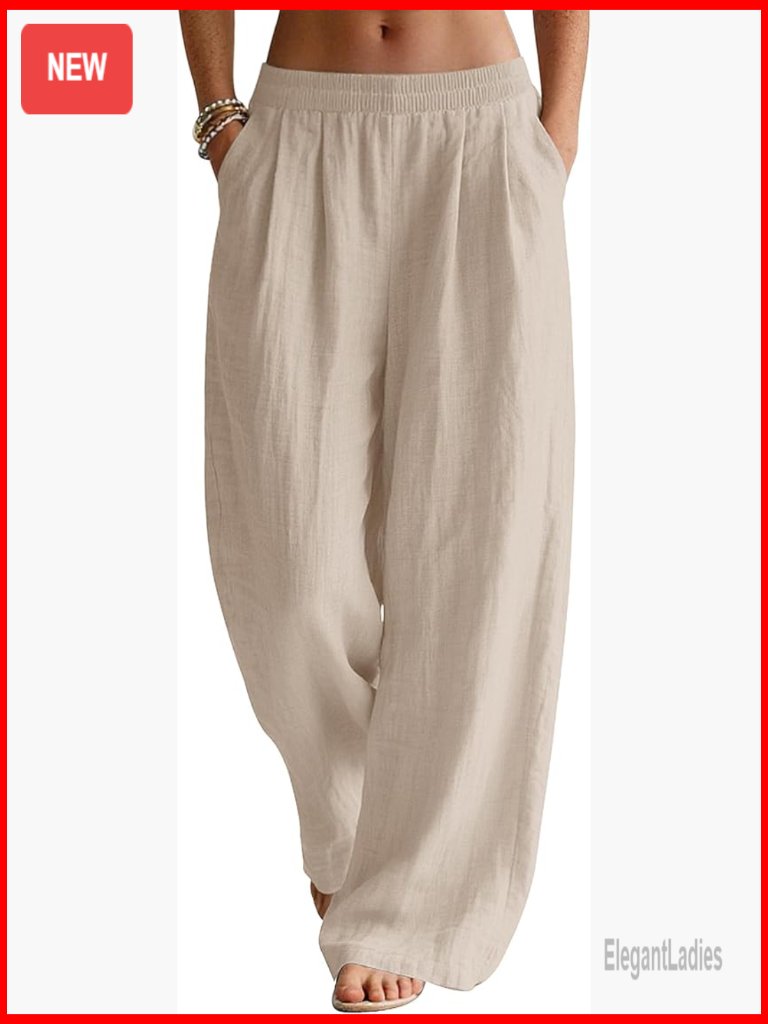 Linen Blend Wide Leg Palazzo Pants Elastic Waist Pockets Summer Casual